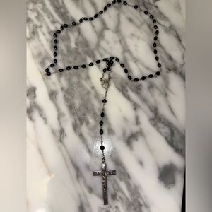 Vintage Black Beaded Rosary Necklace with Silver Cross